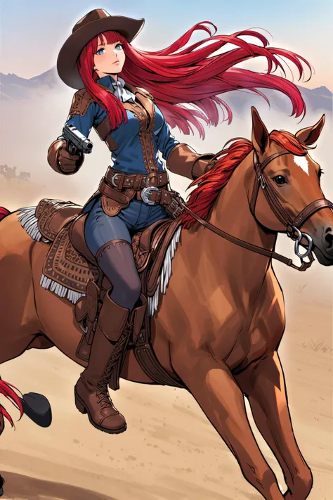 1girl, cowboy western, solo, hat, red hair, horse, gloves, gun, cowboy hat, weapon, long hair, boots, holster, belt, riding, thighhighs, handgun, blue eyes, freckles, horseback riding, fringe trim, <lora:Yasuda akira_XL:0.8>