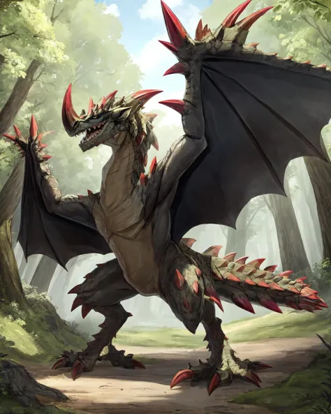 (feral:1.2),(espinas:1.3),hi res,soft shading,good anatomy,cinematic lighting,by woolrool,crayon \(artist\),buta99,detailed background,outdoors,forest,sharp teeth,winged arms,tail,yellow eyes,black sclera,standing on hind legs,2 wings,nose horn,