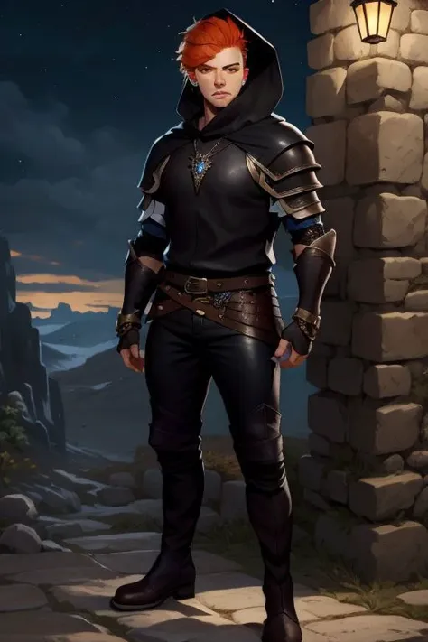 (Pathfinder art:1.2), (masterpiece, best quality), intricate details, 1boy, single character, orange hair, pale skin, freckle, necklace, black rogue armor, boots, leather pants, black hood, piercing, full body, night <lora:add_detail:1>