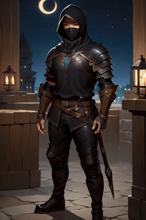 (Pathfinder art:1.2), (masterpiece, best quality), intricate details, 1boy, single character, black hair, necklace, black rogue armor, boots, leather pants, black hood, piercing, full body, night <lora:add_detail:1>