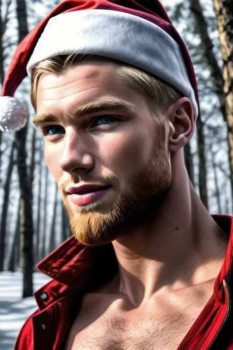 Ultra Realistic cinematic Photo of a bearded neat blonde smiling 23yo male model, full-body from above, with slim-fit muscles and six-pack (which you even while he is covered with a Santa couth). He is in snowly forest .The man is zoomed, high detailed skin, high detailed face, realistic pupils, realistic eyes, high detailed eyes, realistic iris, 4k UHD, soft lighting, high quality, film grain, Facing forward, from side