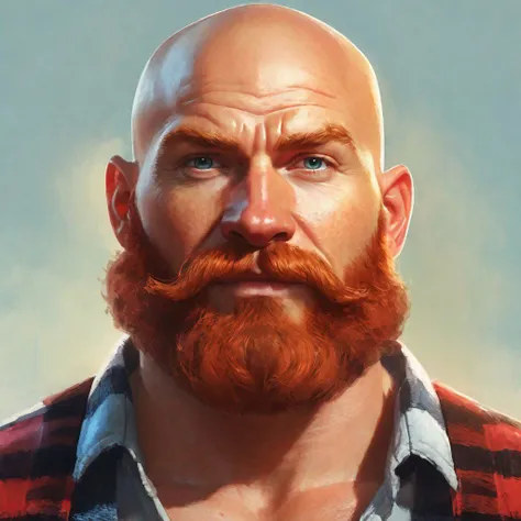 ((concept art)), (EasyMalePortrait), ginger man, lumberjack, ((shaved head)), friendly, handsome, strong, muscular, mustache, ((portrait)), (center), facing viewer, ((close up))