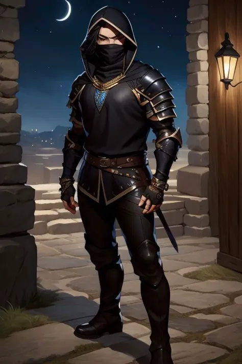 (Pathfinder art:1.2), (masterpiece, best quality), intricate details, 1boy, single character, black hair, necklace, black rogue armor, boots, leather pants, black hood, piercing, full body, night <lora:add_detail:1>