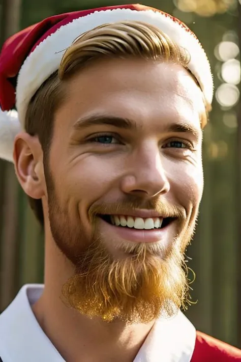 Ultra Realistic cinematic Photo of a bearded neat blonde smiling 23yo male model, full-body from above, with slim-fit muscles and six-pack (which you even while he is covered with a Santa couth). He is in snowly forest .The man is zoomed, high detailed skin, high detailed face, realistic pupils, realistic eyes, high detailed eyes, realistic iris, 4k UHD, soft lighting, high quality, film grain, Facing forward, from side