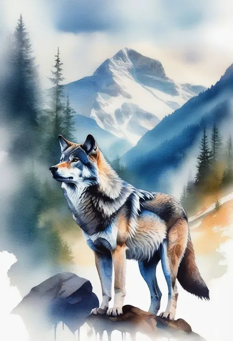 Double exposure of a wolf and a mountain, natural scenery, Watercolor.