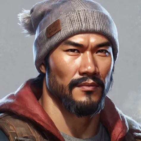 ((concept art)), (EasyMalePortrait), (((close up))), Asian man, lumberjack, friendly, handsome, strong, muscular, ((soul patch)), ((grey slouchy beanie)), hipster, ((portrait)), ((center)), facing viewer