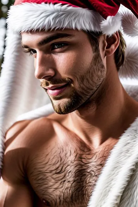 Ultra Realistic cinematic Photo of a bearded neat blonde smiling 23yo male model, full-body from above, with slim-fit muscles and six-pack (which you even while he is covered with a Santa couth). He is in snowly forest .The man is zoomed, high detailed skin, high detailed face, realistic pupils, realistic eyes, high detailed eyes, realistic iris, 4k UHD, soft lighting, high quality, film grain, Facing forward, from side