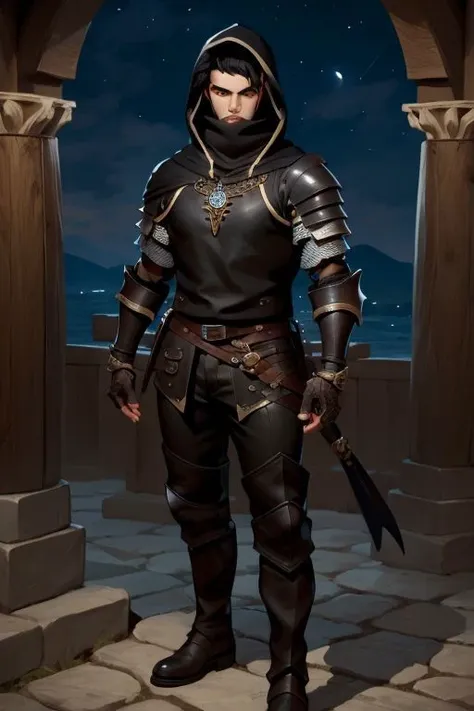 (Pathfinder art:1.2), (masterpiece, best quality), intricate details, 1boy, single character, black hair, necklace, black rogue armor, boots, leather pants, black hood, piercing, full body, night <lora:add_detail:1>