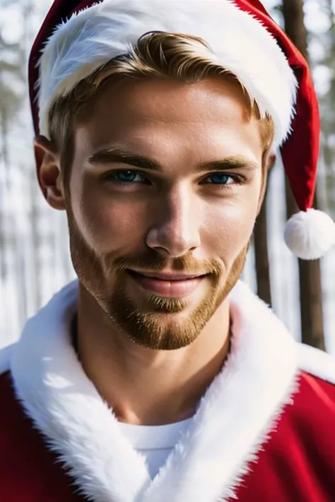 Ultra Realistic cinematic Photo of a bearded neat blonde smiling 23yo male model, full-body from above, with slim-fit muscles and six-pack (which you even while he is covered with a Santa couth). He is in snowly forest .The man is zoomed, high detailed skin, high detailed face, realistic pupils, realistic eyes, high detailed eyes, realistic iris, 4k UHD, soft lighting, high quality, film grain, Facing forward, from side