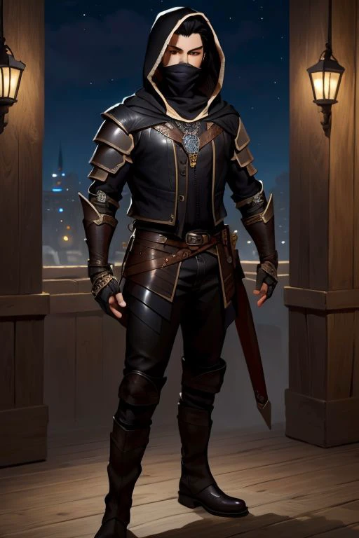 (Pathfinder art:1.2), (masterpiece, best quality), intricate details, 1boy, single character, black hair, necklace, black rogue armor, boots, leather pants, black hood, piercing, full body, night <lora:add_detail:1>