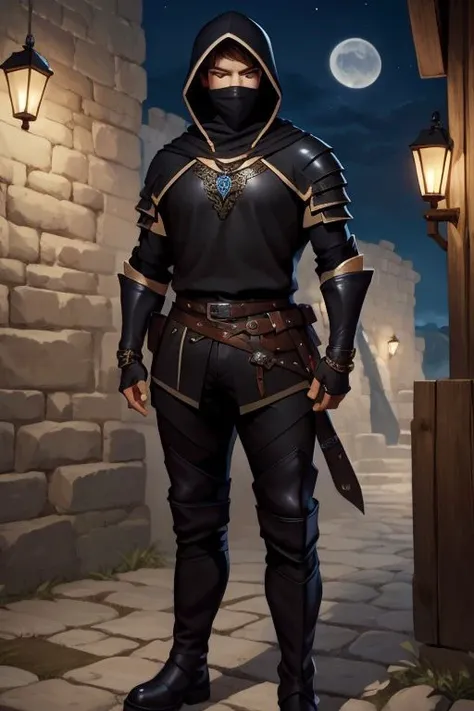 (Pathfinder art:1.2), (masterpiece, best quality), intricate details, 1boy, single character, black hair, necklace, black rogue armor, boots, leather pants, black hood, piercing, full body, night <lora:add_detail:1>