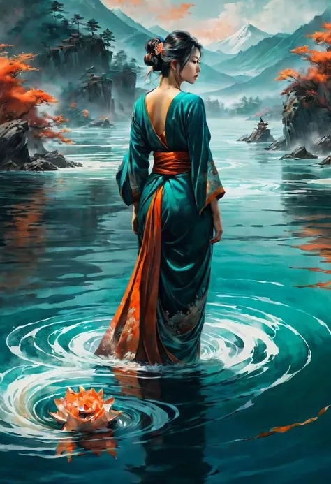 masterpiece, best quality, 8k, HDR, RGB, oil paints, watercolor, ink,   a woman standing in the middle of a body of water, artwork in the style of guweiz, teal orange color scheme, fibonacci flow, inspired by Xuande Emperor, still from the movie the arrival, onsens, depicting a flower, sekiro, swirling liquids, exalted, inspired by KanM Sanraku
Anna Razumovskaya, Bastien Lecouffe-Degarme, Carn Griffiths, E. Abramzon, Raphael, Caravaggio,