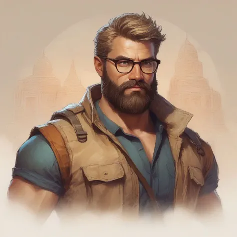 (concept art, EasyMalePortrait), man, archaeologist, handsome, strong, muscular, portrait, blonde, beard, glasses, nerdy