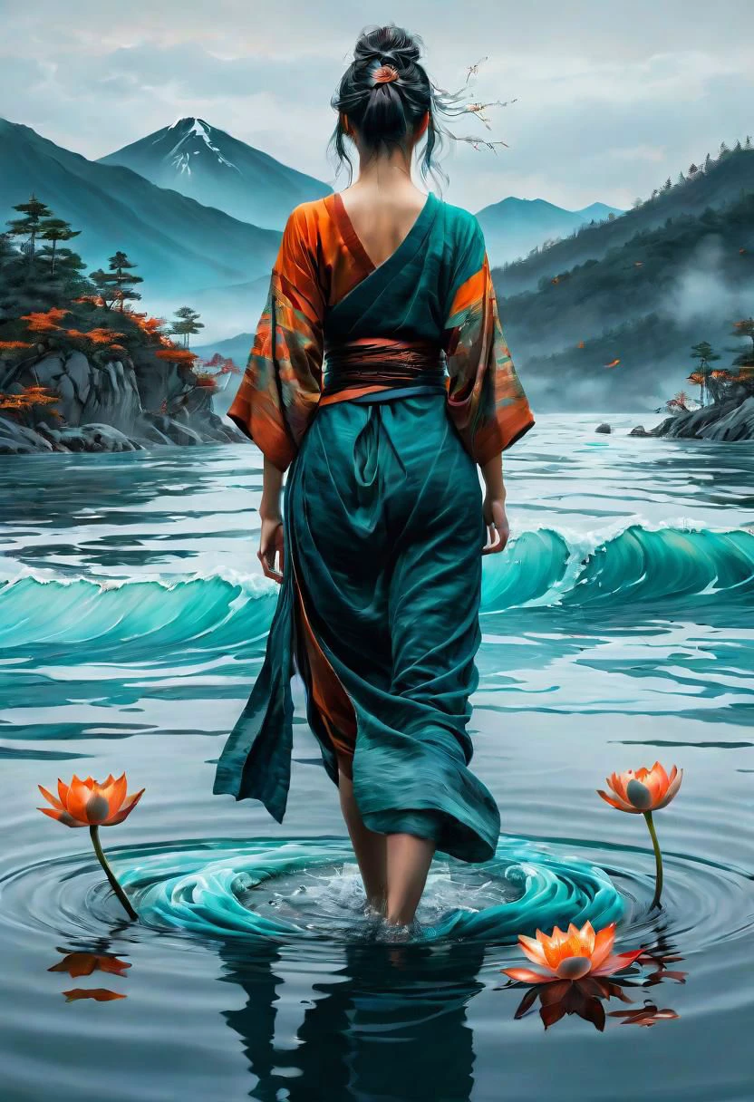 masterpiece, best quality, 8k, HDR, RGB, oil paints, watercolor, ink,   a woman standing in the middle of a body of water, artwork in the style of guweiz, teal orange color scheme, fibonacci flow, inspired by Xuande Emperor, still from the movie the arrival, onsens, depicting a flower, sekiro, swirling liquids, exalted, inspired by KanM Sanraku
Anna Razumovskaya, Bastien Lecouffe-Degarme, Carn Griffiths, E. Abramzon, Raphael, Caravaggio,