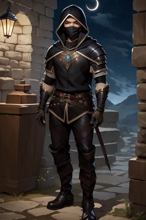 (Pathfinder art:1.2), (masterpiece, best quality), intricate details, 1boy, single character, black hair, necklace, black rogue armor, boots, leather pants, black hood, piercing, full body, night <lora:add_detail:1>