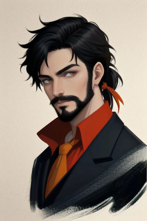 EasyMalePortrait, (high quality, Highres, Masterpiece),
1 male, black hair, (low ponytail), (black VanDyke Beard, moustache and goatee with (cheeks shaved)),
celtic heritage, lean, muscles, red shirt, black vest, black trousers, Ascot, dark victorian suit, adventurer,
((amber eyes, gold eyes, orange eyes)),
