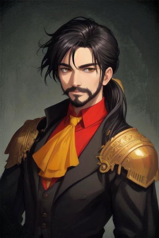 EasyMalePortrait, (high quality, Highres, Masterpiece),
1 male, black hair, (low ponytail), (black VanDyke Beard, moustache and goatee with (cheeks shaved)),
celtic heritage, lean, muscles, red shirt, black vest, black trousers, Ascot, dark victorian suit, adventurer,
((amber eyes, gold eyes, orange eyes)),