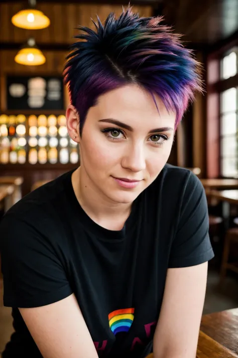 photo portrait of 30 yo woman, rainbow hair, fade quiff haircut, (smirk:0.6), black t-shirt, realism, hyperrealism, hdr, high detailed, pub interior