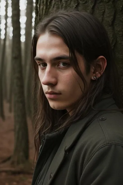 photo portrait of 20 yo man, eye contact, long hair, winter forest on background, realism, photorealism, hyperrealism, (insane details:1.3), 35mm