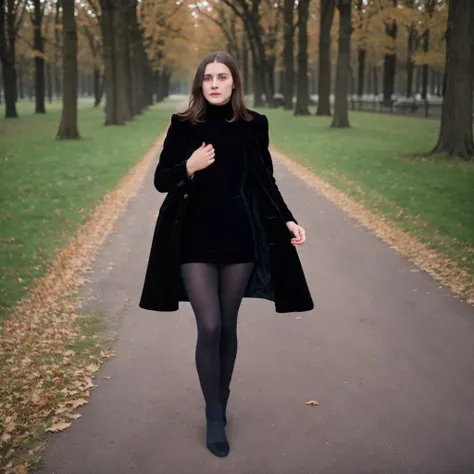 young European woman wearing black velvet dress, color leggings, bare feet, woolen coat, 4k, vintage analog film