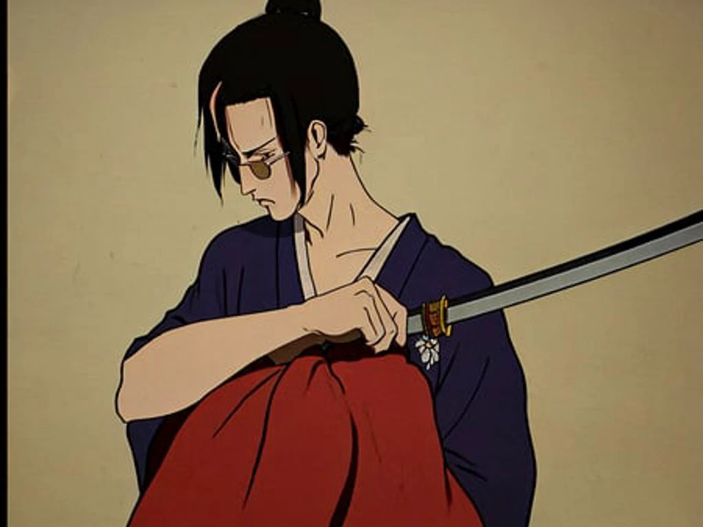 masterpiece, best quality, 1990s \(style\), 1980s \(style\), Samurai Champloo,jin(Samurai Champloo),8k,1man,solo, highly detailed,japanese clothes, japanese_building,holding katana,face_detailed