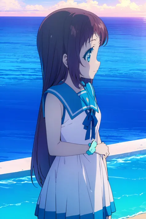 1girl,solo,smile,<lora:manaka:1>,aamanaka,brown_hair,long_hair,blue_eyes,scrunchie,manakauniform,sailor_dress,school_uniform,serafuku,sailor_collar,sleeveless,anime screencap,in summer,ocean,beach,cowboy shot,, masterpiece,best quality,highres,ultra high res,(abstract art:1.2),2d,(highlydetailed),(colorful),(intenseexpression),(fashionable),