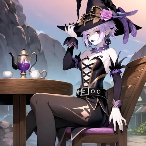 <lora:arfoireNeptunia-06:0.9>, (extremely detailed:1.1),(highly detailed:1.1),(best quality:1.1),(masterpiece:1.1), 1girl, solo, Arfoire, short hair, Purple Hair, red eyes, medium breasts, colored skin, purple lips, pointy ears, nail polish, black nails, makeup, bare shoulders, jewelry, earrings, detached sleeves, belt, high heels, witch, witch hat, rose, high heels, feathers, full body, sitting, table, chair, from the side, outdoors, tea, holding tea cup, looking at viewer