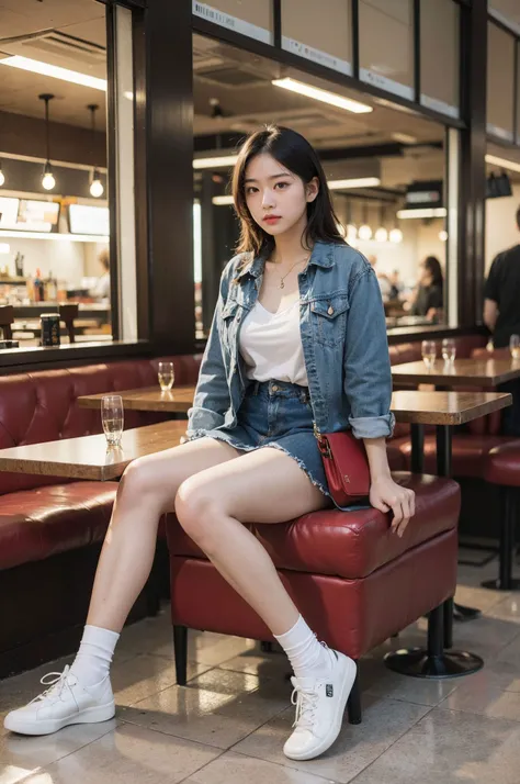,<lora:FilmVelvia3:0.5> ,
(wide hip:0.7, large breasts:0.8, perfect slender young girl body)
,Perfectly glossy skin,
, picture of a vivid, (masterpiece:1.2),(extremely detailed),(8k:1.1),(perfect lighting,best quality,highres,original),(realistic photography:1.4) ,high detailed skin,shaded face, soft lighting, (small face),RAW, ultra highres, pores visible, , shiny_and_glossy_skin,
asian beauty,
(gorgeous beautiful 20 years old asian girl), ((best detailed slender body)), (asian idol, asian beauty, asian mixed),(, Restaurants, eateries, food courts
, Varied, depending on the type of restaurant
, Dining with friends or colleagues, trying new cuisines, socializing
):1.3,
Denim Jacket
,Mini Skirt
,Frilly Ankle Socks
,Sneaker Wedges
,Crossbody Wallet
,Jacket - Levi's, Skirt - Forever 21, Socks - Free People, Shoes - Isabel Marant, Wallet - Kate Spade
cowboy shot