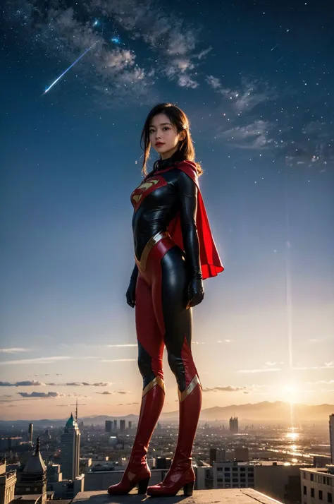 looking at viewer, (full body:1.3), light,dutch braid_hair,micro bangs, shadow, mask, Story of Super woman in DC,A flying superwoman soaring at the boundary of space and Earth's sky, superwoman flying the sky, High above the Earth's surface, a superwoman hovers gracefully amidst the vast expanse of the open sky, Her radiant presence is defined by an aura of strength and purpose, With eyes like sapphire stars, she gazes down upon the world below, a tapestry of landscapes and cities unfolding before her,Her (glossy red) cape billows in the wind, a symbol of her unwavering commitment to protect and inspire,. From this celestial vantage point, she watches over humanity with a mixture of compassion and determination, ready to leap into action whenever the call for heroism arises.,
, embarrassed smile, shiny glossy latex skin, fantastic random cityscape,
(holographic shiny metalic) superman marked bodysuit
,
<lora:FilmVelvia3:0.5> , ((upper body))
(wide hip:0.7, large breasts:0.8, perfect slender young girl body)
,Perfectly glossy skin ,25 yo mature girl,
, picture of a vivid, (masterpiece:1.2),(extremely detailed),(8k:1.1),(perfect lighting,best quality,highres,original),(realistic photography:1.4) ,high detailed skin,shaded face, soft lighting, (small face),RAW, ultra highres, pores visible, , shiny_and_glossy_skin,
asian beauty,
(gorgeous beautiful 20 years old asian girl), ((best detailed slender body)), (asian idol, asian beauty, asian mixed)