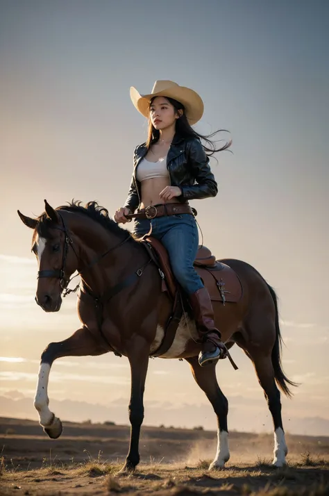 A cowgirl riding on horseback across the prairie, galloping freely, with the wind blowing through her hair and the sun casting a golden glow upon her rugged features, girl wears a cowboy hat, a weathered leather jacket, and worn-out boots, each step of the horse echoing in harmony with the rhythmic beat of his heart, With a steady hand on the reins and a determined look in her eyes, girl embodies the spirit of the Wild West, a solitary figure in harmony with nature, forging girl path across the untamed expanse of the wild frontier., ,looking at viewer, (full body:1.3),<lora:FilmVelvia3:0.5> ,
(wide hip:0.7, large breasts:0.8, perfect slender young girl body)
,Perfectly glossy skin ,25 yo mature girl,
, picture of a vivid, (masterpiece:1.2),(extremely detailed),(8k:1.1),(perfect lighting,best quality,highres,original),(realistic photography:1.4) ,high detailed skin,shaded face, soft lighting, (small face),RAW, ultra highres, pores visible, , shiny_and_glossy_skin,
asian beauty,
(gorgeous beautiful 20 years old asian girl), ((best detailed slender body)), (asian idol, asian beauty, asian mixed)