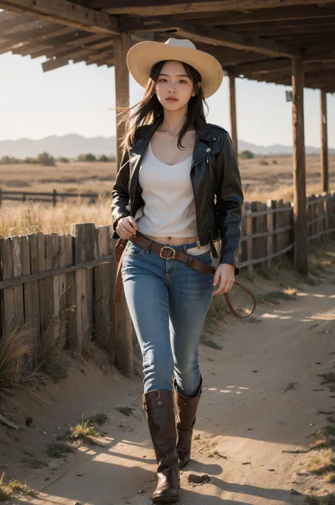 A cowgirl riding on horseback across the prairie, galloping freely, with the wind blowing through her hair and the sun casting a golden glow upon her rugged features, girl wears a cowboy hat, a weathered leather jacket, and worn-out boots, each step of the horse echoing in harmony with the rhythmic beat of his heart, With a steady hand on the reins and a determined look in her eyes, girl embodies the spirit of the Wild West, a solitary figure in harmony with nature, forging girl path across the untamed expanse of the wild frontier., ,looking at viewer, (full body:1.3),<lora:FilmVelvia3:0.5> ,
(wide hip:0.7, large breasts:0.8, perfect slender young girl body)
,Perfectly glossy skin ,25 yo mature girl,
, picture of a vivid, (masterpiece:1.2),(extremely detailed),(8k:1.1),(perfect lighting,best quality,highres,original),(realistic photography:1.4) ,high detailed skin,shaded face, soft lighting, (small face),RAW, ultra highres, pores visible, , shiny_and_glossy_skin,
asian beauty,
(gorgeous beautiful 20 years old asian girl), ((best detailed slender body)), (asian idol, asian beauty, asian mixed)