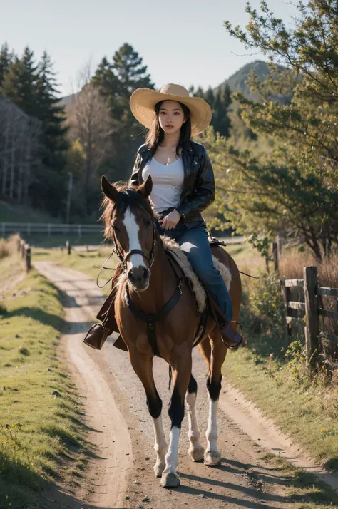 A cowgirl riding on horseback across the prairie, galloping freely, with the wind blowing through her hair and the sun casting a golden glow upon her rugged features, girl wears a cowboy hat, a weathered leather jacket, and worn-out boots, each step of the horse echoing in harmony with the rhythmic beat of his heart, With a steady hand on the reins and a determined look in her eyes, girl embodies the spirit of the Wild West, a solitary figure in harmony with nature, forging girl path across the untamed expanse of the wild frontier., ,looking at viewer, (full body:1.3),<lora:FilmVelvia3:0.5> ,
(wide hip:0.7, large breasts:0.8, perfect slender young girl body)
,Perfectly glossy skin ,25 yo mature girl,
, picture of a vivid, (masterpiece:1.2),(extremely detailed),(8k:1.1),(perfect lighting,best quality,highres,original),(realistic photography:1.4) ,high detailed skin,shaded face, soft lighting, (small face),RAW, ultra highres, pores visible, , shiny_and_glossy_skin,
asian beauty,
(gorgeous beautiful 20 years old asian girl), ((best detailed slender body)), (asian idol, asian beauty, asian mixed)