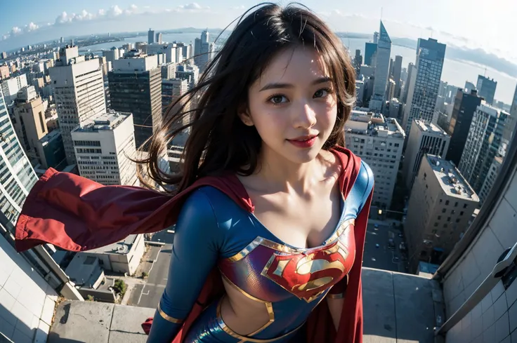 (quarter view, from above, cityscape, far distance, facing viewer, ((standing on top of a skyscraper)), (top of the cityscape), (fisheye), wide shot, scenery),
looking at viewer, (full body:1.3), light,dutch braid_hair,micro bangs, shadow, mask, Story of Super woman in DC,A flying superwoman soaring at the boundary of space and Earth's sky, superwoman flying the sky, High above the Earth's surface, a superwoman hovers gracefully amidst the vast expanse of the open sky, Her radiant presence is defined by an aura of strength and purpose, With eyes like sapphire stars, she gazes down upon the world below, a tapestry of landscapes and cities unfolding before her,Her (glossy red) cape billows in the wind, a symbol of her unwavering commitment to protect and inspire,. From this celestial vantage point, she watches over humanity with a mixture of compassion and determination, ready to leap into action whenever the call for heroism arises.,
, embarrassed smile, shiny glossy latex skin, fantastic random cityscape,
(holographic shiny metalic) superman marked bodysuit
,
<lora:FilmVelvia3:0.5> , ((upper body))
(wide hip:0.7, large breasts:0.8, perfect slender young girl body)
,Perfectly glossy skin ,25 yo mature girl,
, picture of a vivid, (masterpiece:1.2),(extremely detailed),(8k:1.1),(perfect lighting,best quality,highres,original),(realistic photography:1.4) ,high detailed skin,shaded face, soft lighting, (small face),RAW, ultra highres, pores visible, , shiny_and_glossy_skin,
asian beauty,
(gorgeous beautiful 20 years old asian girl), ((best detailed slender body)), (asian idol, asian beauty, asian mixed)