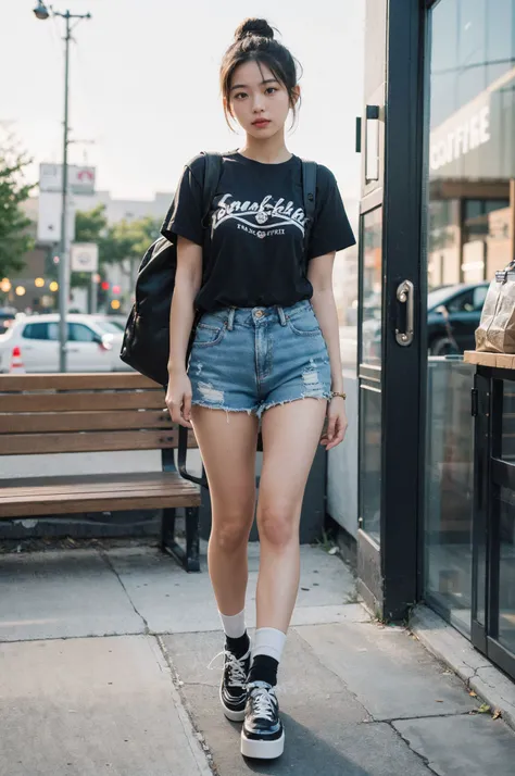 ,<lora:FilmVelvia3:0.5> ,
(wide hip:0.7, large breasts:0.8, perfect slender young girl body)
,Perfectly glossy skin,
, picture of a vivid, (masterpiece:1.2),(extremely detailed),(8k:1.1),(perfect lighting,best quality,highres,original),(realistic photography:1.4) ,high detailed skin,shaded face, soft lighting, (small face),RAW, ultra highres, pores visible, , shiny_and_glossy_skin,
asian beauty,
(gorgeous beautiful 20 years old asian girl), ((best detailed slender body)), (asian idol, asian beauty, asian mixed),(, Trendy coffee shops, cafes in the city center
, Casual and comfortable clothing
, Meeting friends, working remotely, enjoying coffee or snacks
):1.3,
Graphic T-shirt
,Denim Shorts
,Ruffled Socks
,Platform Sneakers
,Backpack
,T-shirt - Urban Outfitters, Shorts - Topshop, Socks - Forever 21, Shoes - Vans, Backpack - Herschel
cowboy shot