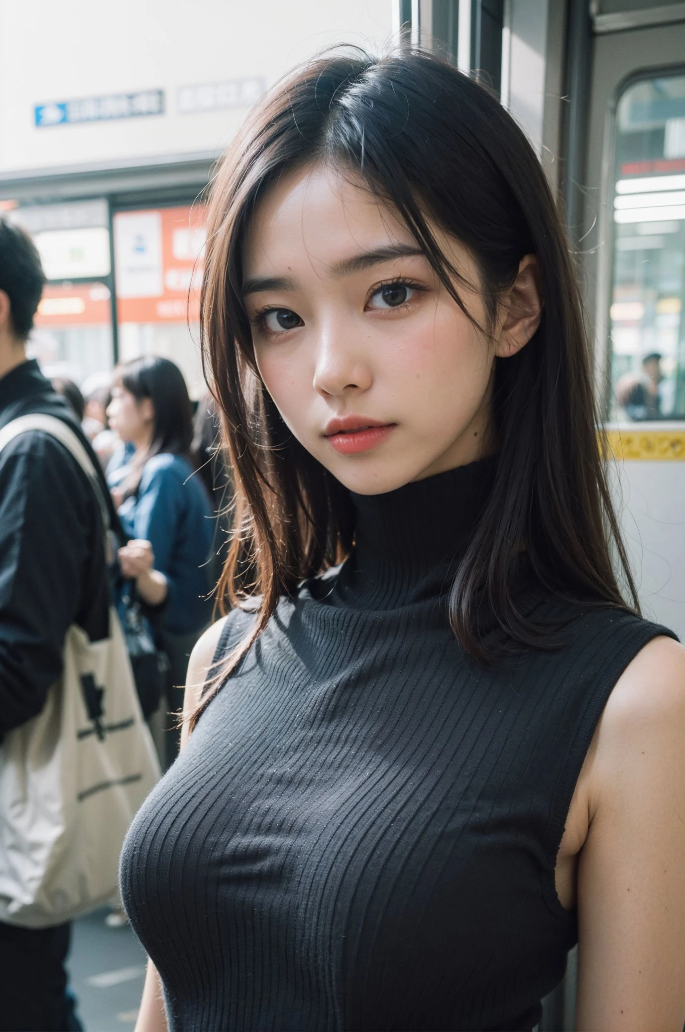 <lora:FilmVelvia3:0.5> , ((upper body))
(wide hip:0.7, large breasts:0.8, perfect slender young girl body)
,Perfectly glossy skin ,25 yo mature girl,
, picture of a vivid, (masterpiece:1.2),(extremely detailed),(8k:1.1),(perfect lighting,best quality,highres,original),(realistic photography:1.4) ,high detailed skin,shaded face, soft lighting, (small face),RAW, ultra highres, pores visible, , shiny_and_glossy_skin,
asian beauty,
(gorgeous beautiful 20 years old asian girl), ((best detailed slender body)), (asian idol, asian beauty, asian mixed), , In the Japanese subway in a train,
wear mask:1.5,
(wear (see-through) High Leg Ribbed Sleeveless Bodysuit):1.2,