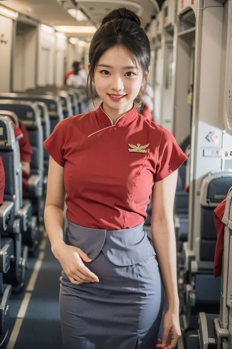 <lora:FilmVelvia3:0.5> ,
(wide hip:0.7, large breasts:0.8, perfect slender young girl body)
,Perfectly glossy skin ,25 yo mature girl,
, picture of a vivid, (masterpiece:1.2),(extremely detailed),(8k:1.1),(perfect lighting,best quality,highres,original),(realistic photography:1.4) ,high detailed skin,shaded face, soft lighting, (small face),RAW, ultra highres, pores visible, , shiny_and_glossy_skin,
asian beauty,
(gorgeous beautiful 20 years old asian girl), ((best detailed slender body)), (asian idol, asian beauty, asian mixed)
,1 stewardess woman
,<lora:caluniform_lora-10:0.6> ,wearing caluniform,a woman in a red shirt and grey skirt,short black hair,
,
light smiling,
, in an airplane:1.3
,hair bun
, ( full body), , pov
, seductive face, embarrassed smiling:1.4, blush,
,