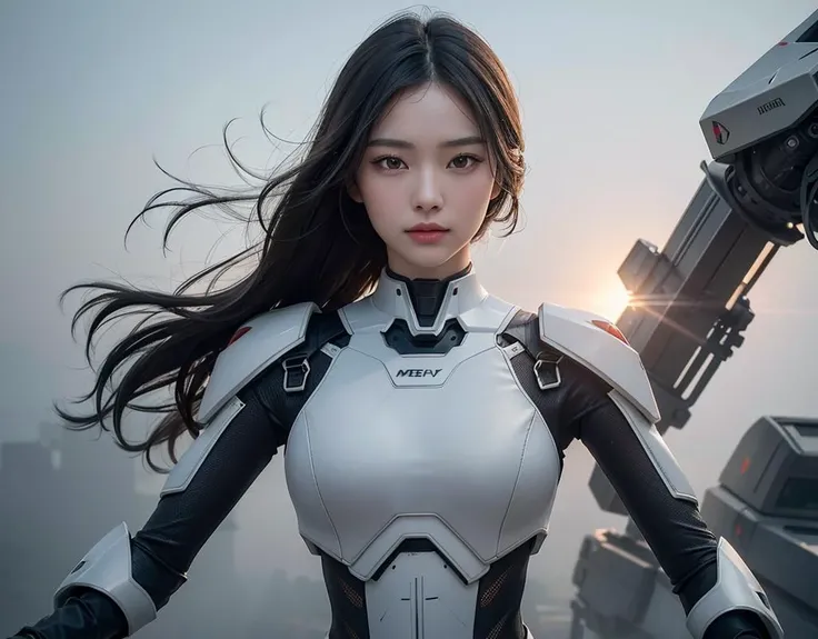 outdoor, ((upper body)), ((( wearing gray and black nano-suits)))+++, (wide hip:0.7, large breasts:0.8, perfect slender young girl body) ,Perfectly glossy skin ,25 yo mature girl, , picture of a vivid, (masterpiece:1.2),(extremely detailed),(8k:1.1),(perfect lighting,best quality,highres,original),(realistic photography:1.4) ,high detailed skin,shaded face, soft lighting, (small face),RAW, ultra highres, pores visible, , shiny_and_glossy_skin, asian beauty, (gorgeous beautiful 20 years old asian girl), ((best detailed slender body)), (asian idol, asian beauty, asian mixed), (complex, Machine background ,spaceship outdoors background, Mecha Transport parts:1.2), (dark and foggy environment:1.1), ((heavy fog environment:1.1)), (battlefield behind:1.2), <lora:JapaneseDollLikeness_v15:0.3>