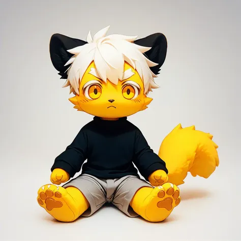 score_9, score_8_up, score_7_up, score_6_up, mikus-furmo, full body, looking at the view, fumo style, sitting, simple background, toys, toys, 1boy, (white hair, dark yellow eyes, yellow fur, dotted eyebrows, small eyebrows, white eyebrows, white fur, yellow paws, tail tip black, black ears), (black sweater, gray shorts), furry style, furry, furry male