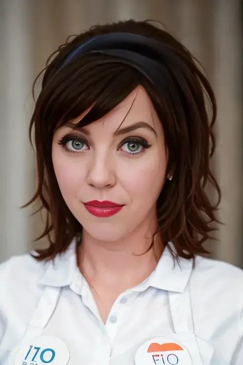 award winning photo medium shot of busty 25yo woman as Flo from Progressive  in the woods, wearing a blue apron,  ((short dark hair bob)), atmospheric, mist, best quality masterpiece, photorealistic, detailed, 8k, HDR, shallow depth of field, broad light, high contrast, backlighting, bloom, light sparkles, chromatic aberration, sharp focus, RAW color photo, perfect brown eyes, looking at the camera:1.5 , Leica 50mm, f1.2 <lora:FloProgressive:1>