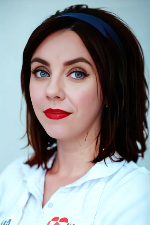 award winning photo medium shot of busty 25yo woman as Flo from Progressive in the woods, wearing a blue apron, ((short dark hair bob)), atmospheric, mist, best quality masterpiece, photorealistic, detailed, 8k, HDR, shallow depth of field, broad light, high contrast, backlighting, bloom, light sparkles, chromatic aberration, sharp focus, RAW color photo, perfect brown eyes, looking at the camera:1.5 , Leica 50mm, f1.2 <lora:FloProgressive:1>