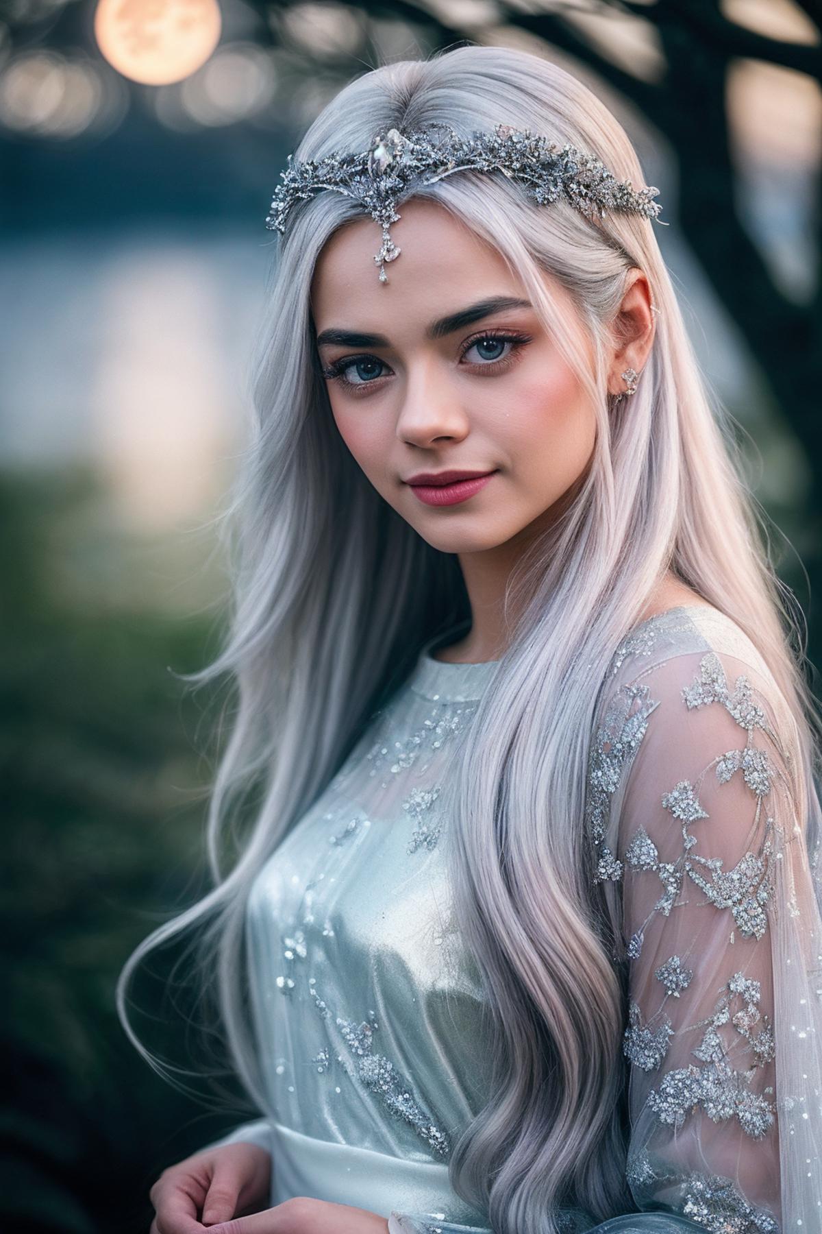 A woman with long white hair wearing a tia and a veil - SeaArt AI