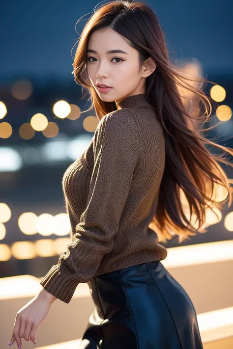 (skin blemish:1.2),1women, 28 yo, (((woman))), (skindentation), gorgeous, solo, realistic, best quality, photorealistic, masterpiece, 8k, high res, solo, extremely detailed face, cowboy shot, bust shot, passport photo, fullface, (professional lighting, bokeh), (light particles, lens flare, glowing particles:0.6), (dynamic pose:1.2), soft lighting, top angle view, fashionable and trendy atmosphere, japan, tokyo, ((nighttime)), ((looking at the viewer)), (looking at the camera),(portrait:0.6), standing, uppper body, facial close up, (small breast:1), (long hair), brown hair, floating hair, nose, lips, lipstick, seductive smile, floating hair, mole, (cheekbone:1), (mole under eye:1.2), high neck sweater, no sleeves sweater, jacket, skirt, <lora:AV_NanaseA:0.8>