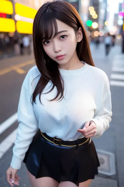 (skin blemish:1.2), (skindentation), black eye, 1woman, 25yo, (((woman))), solo, realistic, best quality, photorealistic, masterpiece, 8k, high res, solo, extremely detailed face, (professional lighting, bokeh), (light particles, lens flare, glowing particles:0.6), (dynamic pose:1.2), soft lighting, top angle view, fashionable and trendy atmosphere, japan, street, tokyo, city, ((daytime)), sky, ((looking at the viewer:1)), (looking at the camera),(portrait:0.6), cowboy shot, gorgeous, standing, keep original facial proportion, wide shoulder, full body, (medium breast), (medium hair), brown hair, floating hair, lips, lipstick, seductive smile, floating hair, smile, (sleeves less white blouse), (jumper skirt), eyelashes, mole, (mole under eye:1), <lora:AV_NanaseA_V2:0.8>