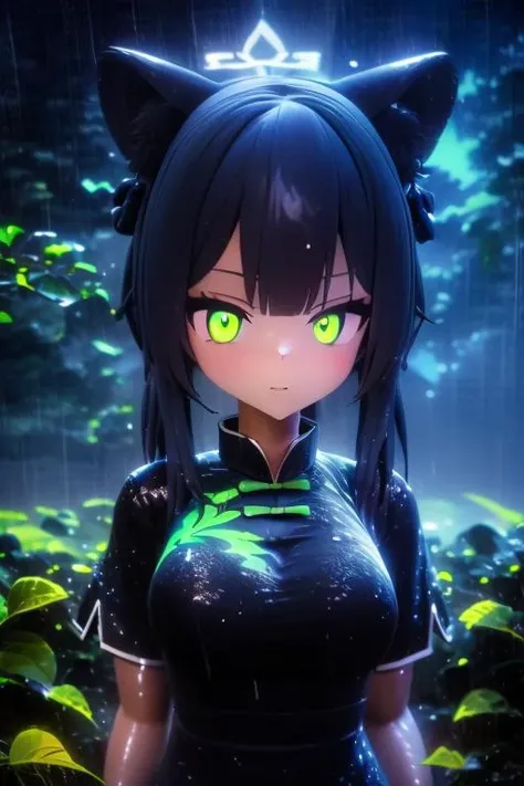 <lora:AManOfCulture_3DRender_v2:0.7>, (3d:0.4), (shiny, shiny skin:1.2), <lora:mmd:0.6> , (mmd:1.1), <lora:vicineko3:0.3>
<lora:BlackLightRGB:0.6> , blacklight, neon, darkroom, glowing, glowing eyes, <lora:blacklightstyle:0.6> , blacklightdskstyle, <lora:Dark_Style:0.4> , cinematic lighting, David Park, lights
<lora:Sunohara Shun (Young ver.):0.7> , 1girl, shun, green eyes, black hair, bangs, twintails, hair bow, hair ornament, animal ears, halo, (chinese dress, black dress, short sleeves)
<lora:BackgroundDetailer:-1>, (upper body, in foliage, surrounded by leaves:1.2), (rainy, rainy weather, fog:1.2)