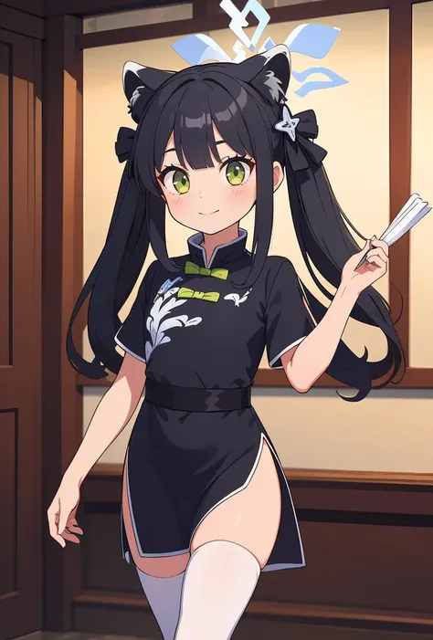 (masterpiece, best quality), 1girl, <lora:shun_scarxzys:0.8> shun, green eyes, black hair, bangs, twintails, hair bow, hair ornament, animal ears, halo,, chinese dress, black dress, short sleeves, white thighhighs, black shoes,