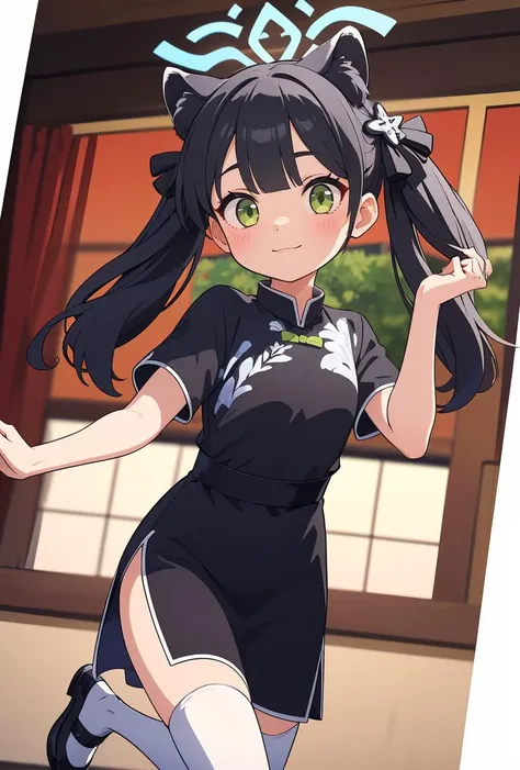 (masterpiece, best quality), 1girl, <lora:shun_scarxzys:0.8> shun, green eyes, black hair, bangs, twintails, hair bow, hair ornament, animal ears, halo,, chinese dress, black dress, short sleeves, white thighhighs, black shoes,