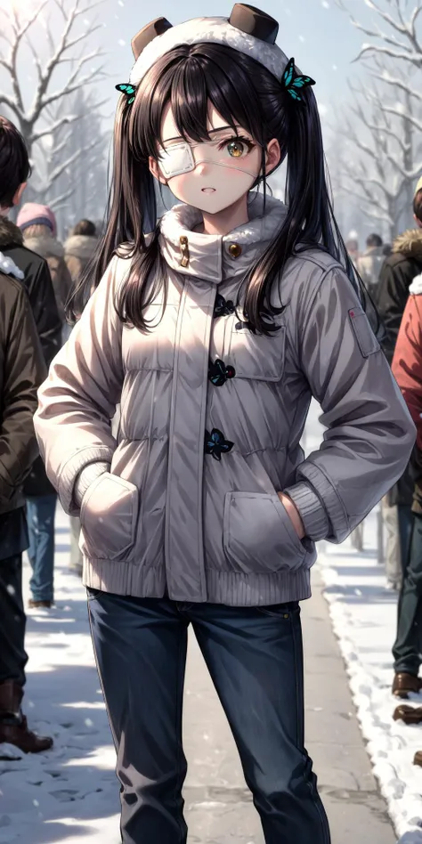 (masterpiece), best quality, (((ultra detailed, 8k quality))), expressive eyes, perfect face, perfect anatomy, perfect body, scene, <lora:scene_:0.7>,  <lora:more_details:0.7>, <lora:beautiful_detailed_eyes:0.5>,  <lora:GoodHands-beta2:1>, <lora:give_it_a_name:0.7>,
1girl, solo, YaeYoshida, eyepatch, twintails, butterfly hair ornament,winter, fur clothes, fur hat, snow, Outdoor,hands in pockets, looking the viewer, tokyo scener,  <lora:CHAR-YaeYoshida:0.8>, hand on hips