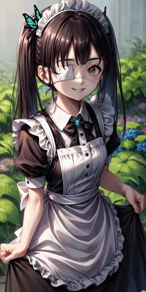 (masterpiece), best quality, (((ultra detailed, 8k quality))), expressive eyes, perfect face, perfect anatomy, perfect body, scene, <lora:scene_:0.7>, <lora:more_details:0.7>, <lora:beautiful_detailed_eyes:0.5>, <lora:GoodHands-beta2:1>, <lora:give_it_a_name:0.7>,
1girl, solo, YaeYoshida, eyepatch, twintails, butterfly hair ornament <lora:CHAR-YaeYoshida:0.8>, maid, maid headdress, smile, skirt hold, garden,
