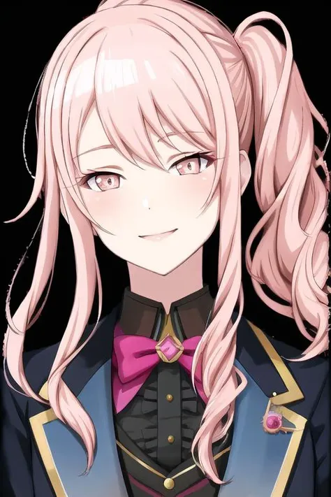 <lora:AkiyamaMizuki:0.7>, mizuki, pink hair, pink eyes, solo, long hair, sidelocks, side ponytail, (skinny:0.77), (flat chest:0.87), (eyeshadow:0.78), portrait, tuxedo, (smile:0.92), 1boku