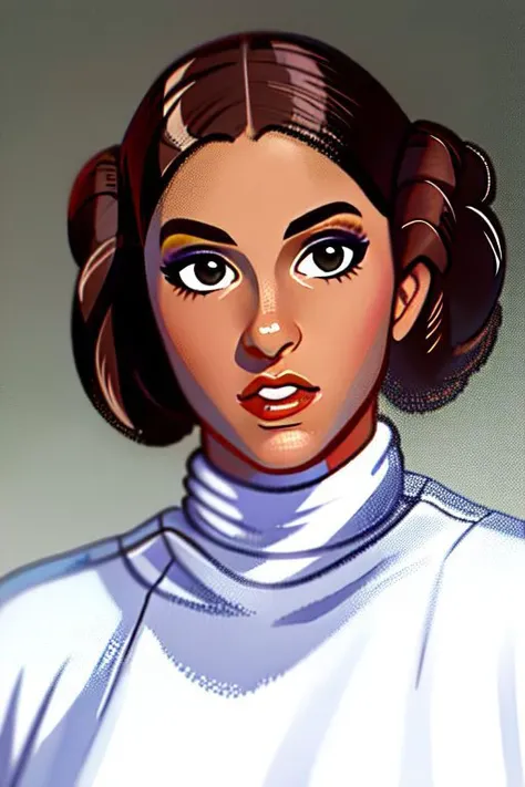 ((best quality)), ((masterpiece)), (detailed), waist up, portrait, leia sd, portrait,brown eyes, rolling eyes, wide portrait, arms crossed, lips, double bun, makeup, lipstick, white dress, huge breasts, perky, ((spacecraft)), full body, <lora:leia sd-000010:0.8>